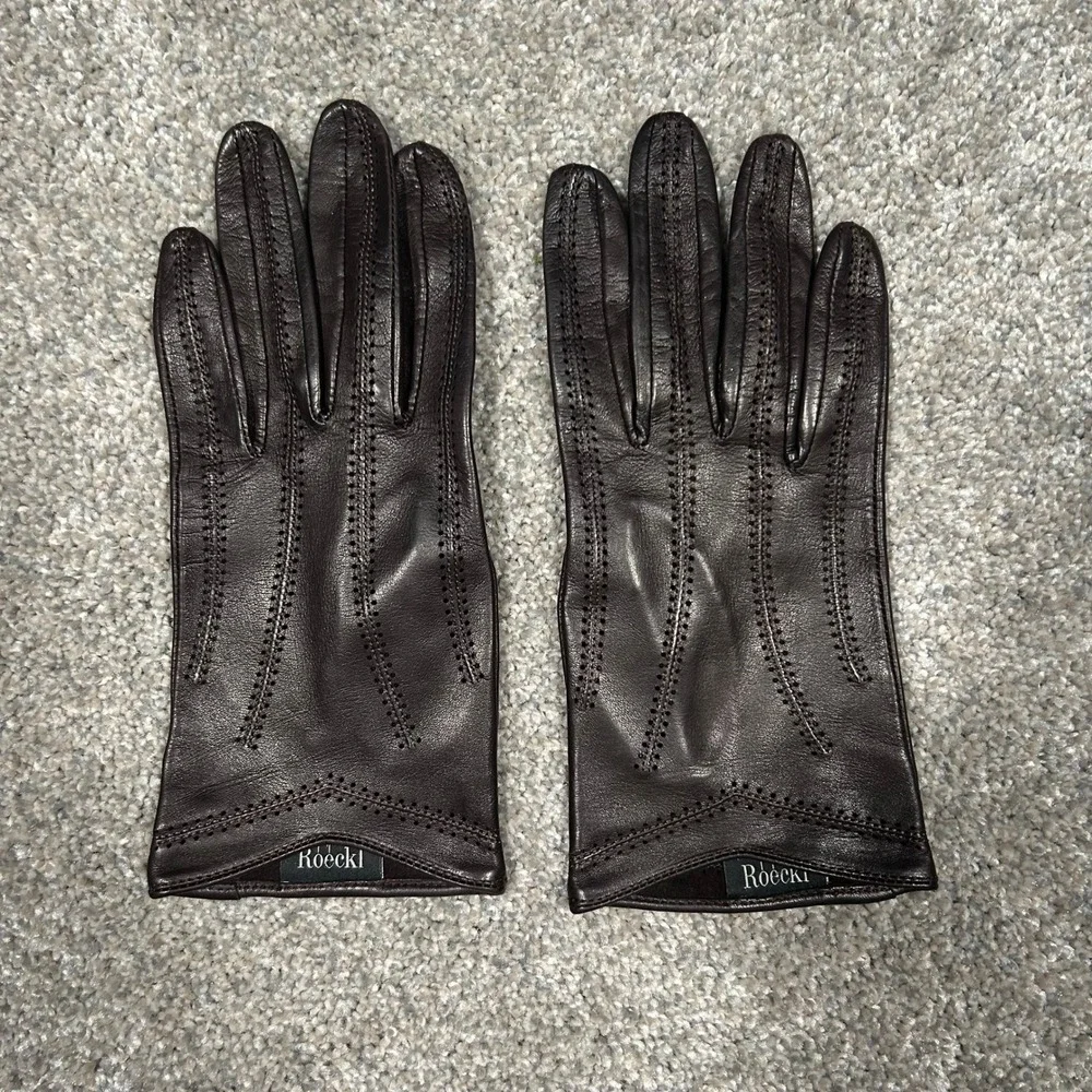 Roeckl Womens Dark‎ Brown Leather Gloves Perforated Pointelle Size Small